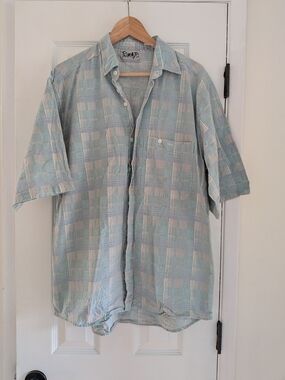 Vintage Tomato Mens Blue/Grey Plaid Short Sleeve Button Up Shirt Size Large